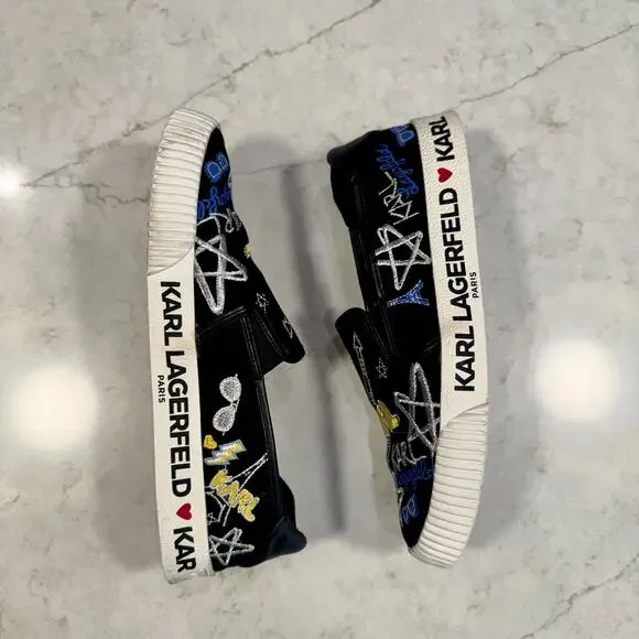 Karl Lagerfeld Paris Jazlyn Slip On Sneakers Size 8 Black Embroidered Graffiti - Picture 15 of 16